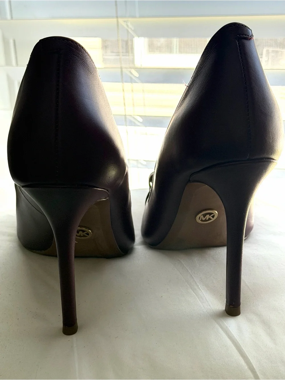 Michael Kors Burgundy Pointed Toe Pumps with Gold Chain Accent